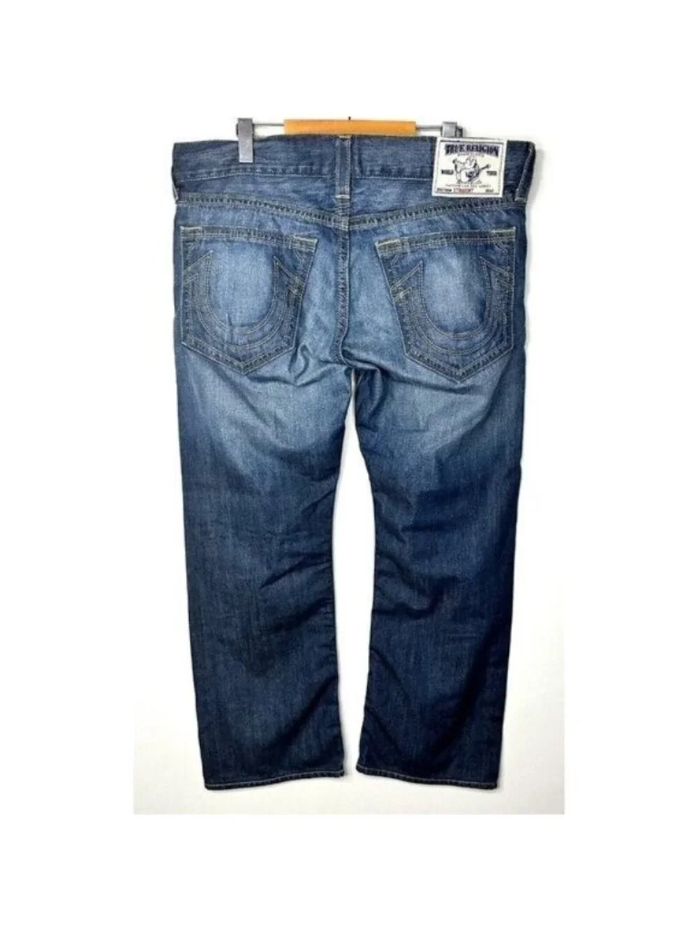 True Religion Jeans Mens 38x28 Blue Distressed Straight Denim 100% Cotton 5Pkt